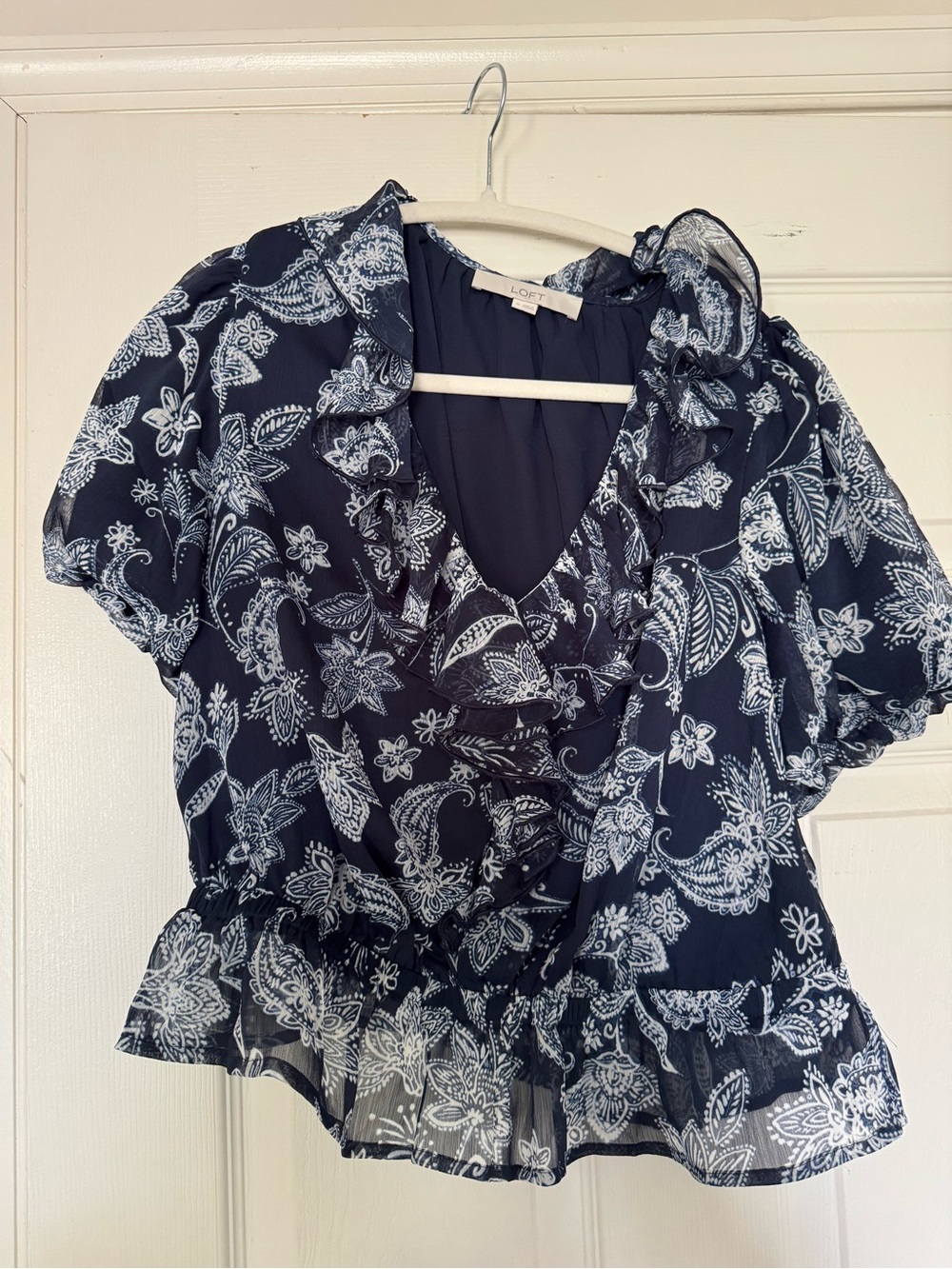 LOFT Navy Paisley Ruffle V-Neck Blouse